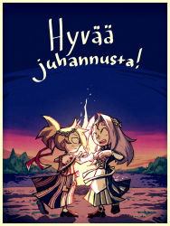 Rule 34 | 2girls, :d, ^ ^, apron, blonde hair, bonfire, border, campfire, capelet, closed eyes, closed mouth, commentary, dancing, english commentary, finnish text, fire, full body, green skirt, grey hair, head wreath, helle (lotta svaerd), high ponytail, highres, holding hands, lahja svanbaeck (lotta svaerd), long sleeves, looking at another, lotta svaerd: women of war, multiple girls, night, open mouth, outdoors, parted bangs, ponytail, setz, skirt, smile, standing, sunset, translated, waist apron, white apron, wide-eyed