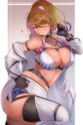 Rule 34 | 1girl, absurdres, bikini, black gloves, blonde hair, breasts, choker, claw pose, cleavage, collarbone, dark-skinned female, dark skin, earrings, eyes visible through hair, fingerless gloves, from side, gloves, gradient hair, hairband, harness, highres, hotate-chan, idolmaster, idolmaster shiny colors, izumi mei, jacket, jewelry, large breasts, multicolored hair, nail polish, navel, parted bangs, pink hair, pink nails, purple hair, race queen, skirt, smile, solo, streaked hair, swimsuit, thighhighs, thighs, toned
