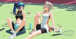 Rule 34 | 2girls, ahoge, arknights, arm on knee, ball, bandana, bare legs, belly, bike shorts, black sports bra, blue eyes, blue hair, bottle, brown eyes, brown hair, closed mouth, demon horns, detached wings, dress, energy wings, feet out of frame, floral print, hair between eyes, hair ornament, halo, hat, highres, horns, looking at another, mayer (arknights), mostima (arknights), multiple girls, navel, northkiyou, on floor, open mouth, otter tail, racket, shadow, shoes, sitting, skirt, sneakers, sports bra, sportswear, sweat, tail, tennis ball, tennis court, tennis net, tennis racket, tennis uniform, water bottle, white bandana, white dress, white sneakers, wings
