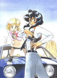 Rule 34 | 1990s (style), 2girls, absurdres, basketball shoes, belt, black hair, blonde hair, blue eyes, bob cut, breasts, car, converse, cz 75, dark-skinned female, dark skin, denim, desert, explosive, fingernails, ford, ford mustang, ford mustang (1st generation), grenade, gun, gunsmith cats, handgun, highres, holding, holster, jacket, jeans, looking at viewer, looking back, minnie may hopkins, monument valley, motor vehicle, multiple girls, necktie, official art, on vehicle, open mouth, pants, pantyhose, pink skirt, pistol, rally vincent, reaching, retro artstyle, road sign, sandstone tower, scan, shelby gt500, shirt, shoes, short hair, shoulder holster, sidelocks, sign, skirt, sky, smile, sneakers, sonoda ken&#039;ichi, standing, striped, tan, teeth, tongue, traditional media, vehicle, wavy hair, weapon