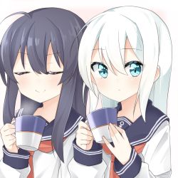 Rule 34 | 2girls, ahoge, akatsuki (kancolle), anchor symbol, black hair, blue eyes, blush, brown neckerchief, closed eyes, closed mouth, commentary request, cup, hair between eyes, hibiki (kancolle), holding, holding cup, kantai collection, long hair, long sleeves, looking at viewer, multiple girls, neckerchief, no headwear, rateratte, school uniform, serafuku, shirt, sidelocks, silver hair, smile, steam, very long hair, white shirt