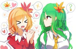 Rule 34 | &gt; &lt;, 2girls, ?, aki minoriko, aki shizuha, alternate hair length, alternate hairstyle, ascot, blonde hair, blush, breasts, collared shirt, commentary, crying, dress, green hair, hair between eyes, hair ornament, heart, jack-o&#039;-lantern, jack-o&#039;-lantern hair ornament, kaliningradg, kazami yuuka, leaf, leaf hair ornament, long hair, looking at another, maple leaf, medium breasts, medium hair, multiple girls, open mouth, own hands clasped, own hands together, red dress, red eyes, shirt, short hair, simple background, sitting, skirt, spoken heart, spoken object, spoken question mark, spoken sparkle, streaming tears, symbol-only commentary, tears, touhou, white background, white shirt, yellow ascot