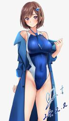 Rule 34 | 1girl, bare shoulders, blue coat, blue necktie, blue one-piece swimsuit, blush, braid, breasts, brown hair, closed mouth, coat, commentary request, commission, competition swimsuit, covered navel, dated, doumyouji cocoa, earrings, feet out of frame, glint, hair ornament, highleg, highleg swimsuit, highres, jewelry, large breasts, looking at viewer, necktie, off shoulder, one-piece swimsuit, open clothes, open coat, pixiv commission, purple eyes, riot music, short hair, short necktie, signature, simple background, smile, solo, standing, swept bangs, swimsuit, trench coat, two-tone swimsuit, virtual youtuber, white background, white one-piece swimsuit, yoo tenchi