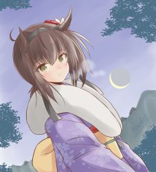 Rule 34 | 1girl, alternate costume, black hairband, blue kimono, brown hair, commentary request, crescent moon, dutch angle, floral print, fur-trimmed kimono, fur trim, furisode, hair flaps, hairband, hatsuzuki (kancolle), highres, japanese clothes, kantai collection, kimono, moon, night, one-hour drawing challenge, shizuna kaede, short hair, solo, upper body, yellow eyes