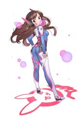 Rule 34 | 1girl, animal print, armor, ass, bodysuit, boots, breasts, brown eyes, brown hair, bubble, blowing bubbles, character name, chewing gum, commentary request, d.va (overwatch), facepaint, facial mark, from behind, from side, gloves, gwayo, hand on own hip, headphones, high collar, highres, legs apart, long hair, looking back, medium breasts, overwatch, overwatch 1, pilot suit, rabbit, rabbit print, shoulder pads, simple background, solo, standing, swept bangs, thigh boots, thighhighs, turtleneck, v, whisker markings, white background, white footwear, white gloves