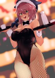 Rule 34 | 1girl, animal hat, asuzemu, bare shoulders, black bow, black bowtie, black leotard, black pantyhose, blue hat, blurry, blurry background, blush, bottle, bow, bowtie, breasts, cleavage, cowboy shot, cup, detached collar, fishnet pantyhose, fishnets, green eyes, hair between eyes, hands up, hat, large breasts, leotard, medium hair, okunoda miyoi, open mouth, pantyhose, pink hair, playboy bunny, solo, sweat, touhou, tray, whale hat, wrist cuffs