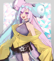 Rule 34 | 1girl, absurdres, blue eyes, blurry, bow-shaped hair, breasts, character hair ornament, creatures (company), depth of field, game freak, gen 1 pokemon, hair ornament, hand up, highres, iono (pokemon), jacket, long hair, looking at viewer, low-tied long hair, magnemite, multicolored hair, nintendo, open mouth, oversized clothes, pokemon, pokemon sv, sharp teeth, single leg pantyhose, sleeves past fingers, sleeves past wrists, smile, split-color hair, teeth, two-tone hair, very long sleeves, yamada momoyama, yellow jacket