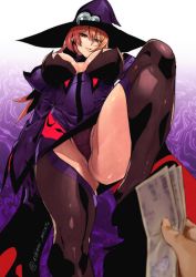 Rule 34 | 1girl, ashiomi masato, blazblue, blazblue: central fiction, blurry, breasts, femdom, findom, from below, hat, huge breasts, konoe a. mercury, money, red hair, silhouette, solo, thighhighs, witch hat