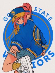 Rule 34 | 1girl, blue eyes, blue hat, blue shorts, blue sweater, blunt bangs, commentary, cowboy shot, denim, denim shorts, ear piercing, earrings, fila, from behind, golden state warriors, hat, high ponytail, highres, jewelry, leg up, long sleeves, looking at viewer, looking back, nao97122, original, piercing, print sweater, red hair, shoes, shorts, sidelocks, sneakers, socks, solo, standing, standing on one leg, streetwear, sweater, two-tone headwear, visor cap, white footwear, yellow hat, yellow socks