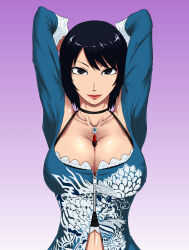 Rule 34 | 1girl, arms up, between breasts, black choker, black hair, breasts, choker, cleavage, closed mouth, fatal frame, fatal frame 3, kurosawa rei, large breasts, lipstick, looking at viewer, makeup, ml, mole, mole under eye, short hair, simple background, smile, solo, zipper pull tab