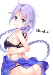 Rule 34 | 10s, 1girl, ass, back, bikini, blue eyes, blue hair, blush, braid, cowboy shot, henet hene, kantai collection, long hair, looking at viewer, mole, mole under eye, parted lips, simple background, single braid, solo, swimsuit, umikaze (kancolle), very long hair, white background