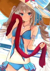 Rule 34 | 1girl, arm strap, bad id, bad twitter id, beach, bikini, blue bikini, blue eyes, blurry, blurry background, breasts, cleavage, collarbone, day, drill hair, fate/grand order, fate (series), floating hair, flower, front-tie bikini top, front-tie top, hat, hat flower, hibiscus, holding, holding towel, jewelry, long hair, looking at viewer, marie antoinette (fate), marie antoinette (fate/grand order), marie antoinette (swimsuit caster) (fate), marie antoinette (swimsuit caster) (third ascension) (fate), medium breasts, miruto netsuki, navel, necklace, ocean, outdoors, red towel, silver hair, solo, sun hat, swimsuit, towel, twin drills, twintails, very long hair, white flower, yellow hat