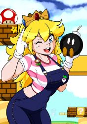 Rule 34 | 1girl, ;d, ? block, alternate costume, block (object), blonde hair, blue eyes, blush, bob-omb, breasts, cloud, cloudy sky, commentary, cowboy shot, crown, day, english commentary, fire flower, gloves, hand up, highres, holding, long hair, looking at viewer, mario (series), mushroom, nintendo, one eye closed, open mouth, overalls, pin, princess peach, salute, shirt, sky, smile, standing, striped clothes, striped shirt, super mario bros. 1, super mushroom, super star (mario), superretroheart, teeth, turnip, upper teeth only, white gloves