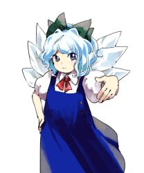 Rule 34 | 1girl, blue dress, cirno, closed mouth, collared shirt, commentary request, dress, flat chest, green ribbon, grey hair, hair ribbon, hand on own hip, hand up, highres, ice, ice wings, kaigen 1025, medium hair, neck ribbon, phantasmagoria of flower view, pinafore dress, puffy short sleeves, puffy sleeves, red ribbon, ribbon, shirt, short sleeves, simple background, sleeveless, sleeveless dress, touhou, white background, white shirt, wings