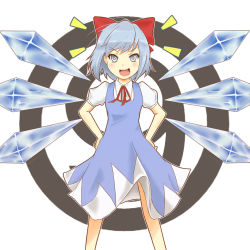 Rule 34 | circled 9, 1girl, :d, bad id, bad pixiv id, blue eyes, blue hair, blush, bow, cirno, hair bow, hands on own hips, looking at viewer, matching hair/eyes, open mouth, short hair, smile, solo, touhou, tsutsunuke