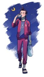 Rule 34 | 1boy, ace attorney, antenna hair, apollo justice, bag, black footwear, blush, border, brown hair, can, closed eyes, crescent moon, drinking, fading border, forked eyebrows, full body, grey shirt, hand up, heel up, highres, holding, holding bag, jacket, legs apart, male focus, moon, night, night sky, open clothes, open jacket, pants, print shirt, red jacket, red pants, sandals, shirt, shopping bag, short hair, sky, sleeves rolled up, solo, star (sky), tarragon, track jacket, track pants, track suit
