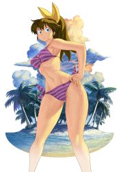 Rule 34 | 1girl, bare legs, bare shoulders, beach, bikini, blue eyes, bow, breasts, brown hair, closed mouth, cloud, commentary request, crotch seam, day, groin, hair bow, hair ribbon, hand on own hip, highres, legs, long hair, looking at viewer, m.u.g.e.n, medium breasts, narrow waist, navel, ocean, oggy (oggyoggy), original, outdoors, palm leaf, palm tree, parted lips, partially visible vulva, ponytail, purple bikini, ribbon, ryuko (oggyoggy), sand, side-tie bikini bottom, solo, standing, striped bikini, striped clothes, swimsuit, thighs, tree, water, wet, wet clothes, wet swimsuit, yellow ribbon