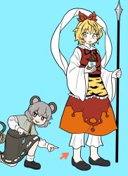 Rule 34 | 2girls, animal ears, animal print, arrow (symbol), basket, belt, bishamonten&#039;s pagoda, bishamonten&#039;s spear, black belt, black footwear, black hair, black ribbon, blonde hair, blue background, blush, breasts, bright pupils, bseibutsu, commentary request, crystal, full body, grey hair, grey skirt, grey vest, hair ornament, highres, holding, holding polearm, holding weapon, jewelry, layered clothes, long sleeves, looking at another, looking at viewer, medium bangs, mouse (animal), mouse ears, mouse girl, mouse tail, multicolored hair, multiple girls, nazrin, neck ribbon, on one knee, open mouth, orange skirt, pendant, pointing, polearm, red eyes, red vest, ribbon, shawl, shirt, shoes, short hair, simple background, skirt, skirt set, small breasts, smile, socks, standing, streaked hair, tail, tiger print, toramaru shou, touhou, two-tone hair, vest, weapon, white pupils, white shirt, wide sleeves, yellow eyes
