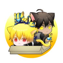 Rule 34 | &gt;:&lt;, :&lt;, ahoge, animal ears, box, cat boy, cat ears, cat tail, cds06, chibi, closed mouth, fate/grand order, fate (series), full body, gilgamesh (fate), in box, in container, male focus, official alternate costume, ozymandias (fate), red eyes, tail, v-shaped eyebrows, yellow eyes
