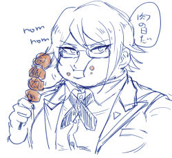 collared_shirt cropped_torso danganronpa_(series) danganronpa_2:_goodbye_despair dress_shirt food food_on_face glasses hair_between_eyes hand_up holding holding_food jacket long_sleeves male_focus shirt short_hair speech_bubble togami_byakuya_(danganronpa_2) translation_request uzu_(uzusio55)