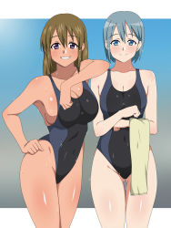 Rule 34 | 2girls, bare shoulders, blue eyes, blush, breasts, brown hair, cleavage, competition swimsuit, covered navel, cowboy shot, gradient background, grin, highleg, highleg swimsuit, highres, kagemusha, large breasts, long hair, looking at viewer, multiple girls, one-piece swimsuit, original, parted lips, purple eyes, short hair, silver hair, smile, standing, swimsuit, tan, towel, wet