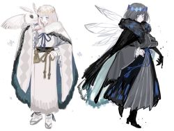 Rule 34 | 1boy, black footwear, black gloves, black hair, black kimono, blue eyes, blue headwear, bob cut, boots, bug, commentary, dual persona, fairy wings, fate/grand order, fate (series), frilled sleeves, frills, full body, fur collar, gloves, insect, japanese clothes, kimono, long sleeves, looking at viewer, male focus, medium hair, moth, moth tk, oberon (fate), oberon (third ascension) (fate), simple background, single glove, snowflakes, solo, spoilers, white background, white footwear, white hair, white kimono, wide sleeves, wings