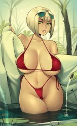 Rule 34 | 1girl, absurdres, bikini, blonde hair, breasts, breasts apart, eyewear on head, fu shark, green eyes, highres, huge breasts, large breasts, lily pad, lips, looking at viewer, mature female, mole, mole under eye, navel, original, parted lips, partially submerged, pond, red bikini, short hair, side-tie bikini bottom, solo, swimsuit, water