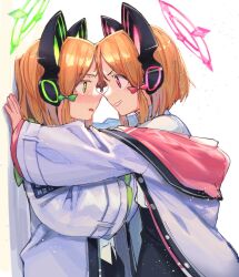 Rule 34 | 2girls, animal ear headphones, animal ears, blonde hair, blue archive, bow, cat ear headphones, embarrassed, eye contact, face-to-face, fake animal ears, green eyes, grin, hair bow, halo, headphones, highres, hood, hood down, hooded jacket, jacket, looking at another, midori (blue archive), momoi (blue archive), multiple girls, pink eyes, siblings, sisters, smile, taki (tkai40), twins