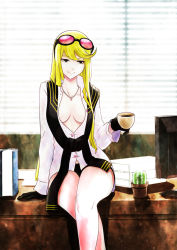 Rule 34 | 1girl, arm support, asymmetrical hair, black gloves, black shorts, window blinds, blonde hair, breasts, cactus, center opening, coffee, coffee cup, crossed legs, cup, desk, digimon, digimon story: cyber sleuth, disposable cup, eyewear on head, gloves, gouxiong, holding, holding cup, indoors, jewelry, kuremi kyouko, long hair, looking at viewer, medium breasts, monitor, necklace, no bra, on desk, scarf, seductive smile, shirt, short shorts, shorts, sitting, on desk, smile, solo, sunglasses, swept bangs, white shirt