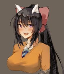 Rule 34 | 1girl, :d, animal ears, black hair, blue necktie, blush, bow, breasts, brown background, cat ears, dot nose, fang, hair between eyes, hair bow, large breasts, long hair, looking at viewer, necktie, noccu, noihara himari, omamori himari, open mouth, ponytail, purple eyes, red bow, simple background, smile, solo, sweater, upper body, yellow sweater