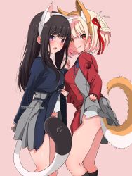 Rule 34 | 2girls, :p, absurdres, animal ears, arm behind back, black hair, blonde hair, blue jacket, blush, breasts, cat ears, cat tail, closed mouth, clothes lift, convenient censoring, dog ears, dog tail, eleazarmikai, fake animal ears, grey skirt, hair ribbon, highres, inoue takina, jacket, lifted by self, long hair, looking at viewer, lycoris recoil, medium breasts, multiple girls, nishikigi chisato, one side up, open mouth, panties, panty peek, pink background, pleated skirt, purple eyes, red eyes, red jacket, red ribbon, ribbon, school uniform, short hair, simple background, skirt, skirt lift, tail, tail censor, thighs, tongue, tongue out, twitter username, underwear, white panties, yuri