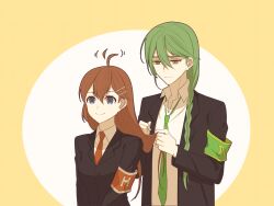 Rule 34 | 1boy, 1girl, ahoge, ahoge wag, alternate hairstyle, armband, black jacket, blue eyes, braid, breasts, brown armband, brown eyes, brown hair, brown necktie, closed mouth, collared shirt, commentary request, expressive hair, formal, green armband, green hair, green necktie, hairdressing, highres, hod (project moon), jacket, ktsis, lobotomy corporation, long hair, necktie, netzach (project moon), open clothes, open jacket, project moon, shirt, side braid, small breasts, smile, suit, white shirt
