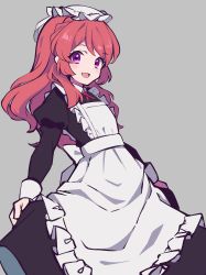 Rule 34 | 1girl, absurdres, aikatsu! (series), apron, black dress, commentary request, cowboy shot, dress, grey background, hat, highres, juliet sleeves, long hair, long sleeves, looking at viewer, maid, maid apron, mob cap, open mouth, ozora akari, puffy sleeves, purple eyes, red hair, simple background, skirt hold, smile, solo, uhouhogorigori, white hat