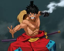 Rule 34 | &gt;:(, 1boy, angry, black hair, clenched hand, clenched teeth, conto, fighting stance, frown, furious, haki, hat, japanese clothes, katana, looking at viewer, male focus, monkey d. luffy, muscular, one piece, pectorals, red robe, robe, scar, scar on chest, scar on face, serious, short hair, simple background, solo, spiked hair, standing, steam, straw hat, sword, teeth, toned, toned male, topknot, topless male, v-shaped eyebrows, weapon