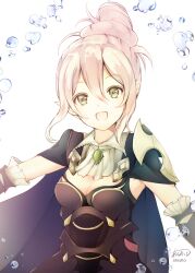 Rule 34 | 1girl, armor, armpits, artist name, ascot, atoatto, black armor, blue cape, breasts, brooch, cape, cleavage, commentary request, fire emblem, fire emblem fates, gem, gloves, green eyes, green gemstone, hair between eyes, hair bun, happy, jewelry, kana (female) (fire emblem), kana (fire emblem), long hair, looking at viewer, messy hair, nintendo, open mouth, pauldrons, pointy ears, portrait, see-through, shoulder armor, sidelocks, signature, single hair bun, single pauldron, sleeveless, small breasts, smile, solo, water, water drop, white hair