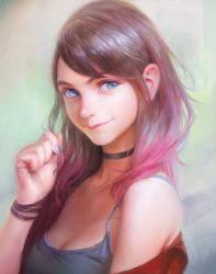 Rule 34 | 1girl, :&gt;, arm up, black choker, blue eyes, blue nails, blue shirt, blush, bracelet, breasts, brown hair, choker, cleavage, clenched hand, closed mouth, fingernails, gradient hair, highres, holding, holding hair, jewelry, long hair, looking at viewer, medium breasts, multicolored background, multicolored hair, nababa, nail polish, nose, nose blush, original, pink hair, pink lips, shirt, solo, spaghetti strap, swept bangs, thick eyebrows, upper body