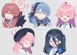 Rule 34 | &lt;|&gt; &lt;|&gt;, 5girls, absurdres, ahoge, ako (blue archive), annoyed, aris (blue archive), aru (blue archive), beret, black hair, black hairband, black headwear, blouse, blue archive, blue hair, blue jacket, blue necktie, blush, brown hair, closed mouth, commentary, hair between eyes, hairband, halo, hat, head wings, highres, horns, hoshino (blue archive), jacket, koharu (blue archive), looking at viewer, low twintails, multiple girls, necktie, one side up, pink hair, portrait, shirt, sweat, turn pale, twintails, uhouhogorigori, white shirt, winged hat, wings
