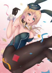 Rule 34 | 10s, 1girl, animal ears, ascot, atago (kancolle), bare shoulders, beret, black gloves, black pantyhose, blonde hair, blue eyes, blush, breasts, cleavage, confetti, fake animal ears, gloves, hat, kantai collection, large breasts, leotard, long hair, looking at viewer, oonaka ito, open mouth, pantyhose, playboy bunny, rabbit ears, rabbit tail, sitting, smile, solo, tail, wrist cuffs