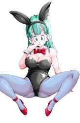 Rule 34 | 1girl, animal ears, arm support, ass, bare shoulders, black leotard, blue eyes, bow, bowtie, breasts, bulma, cleavage, detached collar, dragon ball, dragon ball (classic), fake animal ears, full body, green hair, highleg, highleg leotard, leotard, pantyhose, playboy bunny, rabbit ears, simple background, solo, spread legs, white background, wrist cuffs, young jijii