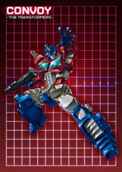 Rule 34 | 1980s (style), 1boy, autobot, blue eyes, full body, grid, grid background, gun, handgun, headgear, holding, holding gun, holding weapon, insignia, looking at viewer, machine, machinery, male focus, mecha, oldschool, optimus prime, paintedmike, red background, red theme, retro artstyle, rifle, robot, solo, transformers, weapon