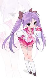 Rule 34 | 1girl, absurdres, blue eyes, blush, bow, brown bow, brown footwear, collarbone, dot nose, double horizontal stripe, flat chest, full body, hair bow, hand on own hip, hand up, highres, hiiragi kagami, light purple hair, loafers, long hair, long sleeves, looking at viewer, lucky star, miniskirt, neckerchief, no pupils, open mouth, parted bangs, pink neckerchief, pleated skirt, red sailor collar, red skirt, ryouou school uniform, sailor collar, school uniform, seoji, shirt, shoes, short eyebrows, simple background, skirt, sleeves past wrists, socks, solo, standing, straight hair, tsurime, twintails, very long hair, white background, white shirt, white socks, winter uniform, zoom layer
