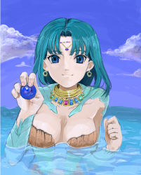Rule 34 | 1girl, bad id, bad pixiv id, blue eyes, cloud, day, earrings, green hair, jewelry, short hair, sky, solo, submerged, swimsuit, tsuyu, valkyrie profile (series), water, yumei (valkyrie profile), yumei (vp)