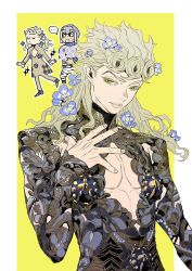 Rule 34 | ..., 2boys, abs, arm cuffs, black shirt, blonde hair, border, character request, cleavage cutout, clothing cutout, curly hair, deformed, earrings, eyelashes, fingernails, floral print, flower, flower request, giorno giovanna, green eyes, guard, hair flower, hair ornament, hand on own hip, highres, jewelry, jojo no kimyou na bouken, lips, long hair, long sleeves, looking at viewer, male focus, multiple boys, multiple views, outline, outside border, parted lips, pectoral cleavage, pectorals, purple flower, shirt, shishio (shishio5431), simple background, sparkle, speech bubble, stud earrings, teeth, thick eyebrows, upper body, vento aureo, white border, white outline, yellow background