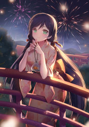 Rule 34 | 10s, 1girl, 4b, aerial fireworks, bag, blush, closed mouth, fireworks, fish, floral print, goldfish, japanese clothes, kimono, leaning forward, long hair, looking at viewer, love live!, love live! school idol festival, love live! school idol project, low twintails, night, outdoors, smile, solo, steepled fingers, summer festival, torii, tojo nozomi, twintails, very long hair, yukata