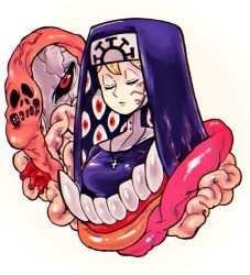 Rule 34 | 1girl, blonde hair, cross, cross necklace, double (skullgirls), extra eyes, closed eyes, jewelry, monster, necklace, nun, red eyes, skullgirls, solo, tentacles, veins, xoma18