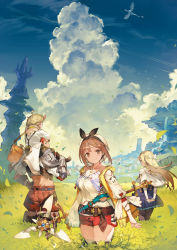 Rule 34 | 2boys, 2girls, armor, atelier (series), atelier ryza, atelier ryza 1, blonde hair, braid, brown eyes, brown hair, carrying, cloud, coat, dragon, flask, from behind, glasses, hair ornament, hair ribbon, hairclip, half updo, hat, highres, hood, hooded vest, hoodie, jewelry, key visual, klaudia valentz, lent marslink, long hair, looking at viewer, looking back, midriff, multiple boys, multiple girls, necklace, official art, pantyhose, promotional art, red hair, red shorts, reisalin stout, ribbon, round-bottom flask, short hair, short shorts, shorts, shoulder armor, shoulder carry, skindentation, staff, suspenders, tao mongarten, thighhighs, thighs, toridamono, vest, wyvern