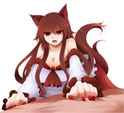 Rule 34 | 1girl, animal ears, arano oki, bare shoulders, breasts, brown hair, cleavage, fang, imaizumi kagerou, large breasts, long hair, open mouth, red eyes, skirt, solo, tail, touhou, white background, wolf ears, wolf tail