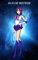 Rule 34 | 1990s (style), 1girl, bishoujo senshi sailor moon, boots, bow, choker, circlet, elbow gloves, galaxy, gloves, green eyes, high heels, highres, magical girl, meteor, original, purple hair, shoes, skirt, solo, space, star (symbol)