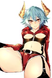 Rule 34 | 1girl, absurdres, agetama, black thighhighs, blue hair, breasts, cutoffs, foreshortening, garter straps, gloves, highres, horns, jacket, long sleeves, looking at viewer, majoca majoluna, navel, open clothes, open jacket, orange eyes, parted lips, red gloves, red jacket, short hair, short shorts, shorts, simple background, sitting, small breasts, solo, spread legs, stomach, thighhighs, tsurime, underboob, white background
