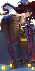 Rule 34 | 1girl, absurdres, ass, bare shoulders, bent over, black gloves, black pantyhose, blue eyes, blue leotard, blush, breasts, brown pantyhose, closed mouth, detached sleeves, from behind, genshin impact, gloves, hair between eyes, hat, highres, leotard, long hair, looking at viewer, looking back, medium breasts, mona (genshin impact), pantyhose, purple hair, purple hat, shiny clothes, silvertsuki, single glove, smile, solo, standing, standing on one leg, twintails, white background, witch hat, yellow footwear
